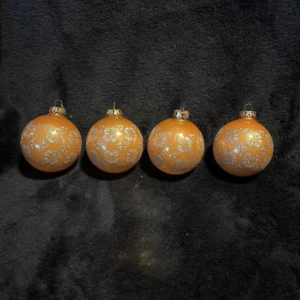4 Vintage 50s Shiny Brite Gold Glitter Designs Christmas Ornaments
